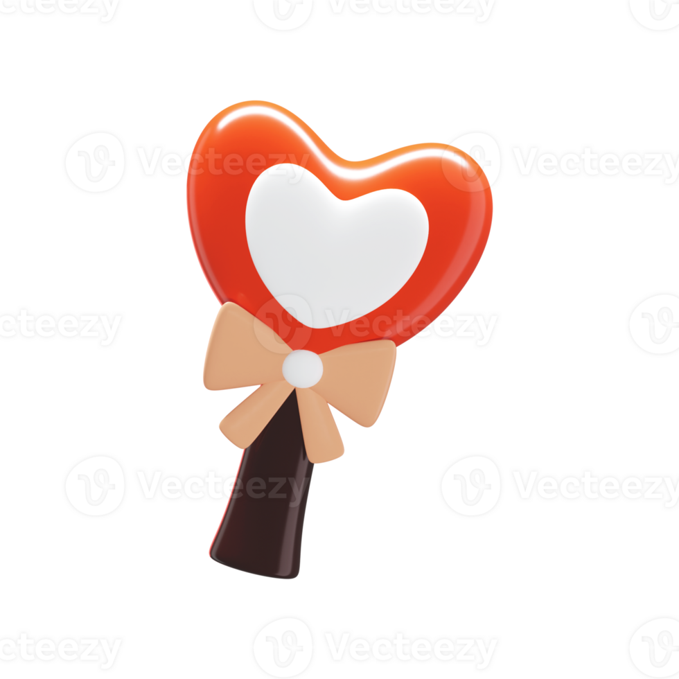 3D Render, Heart Lollipop With Bow Ribbon. png