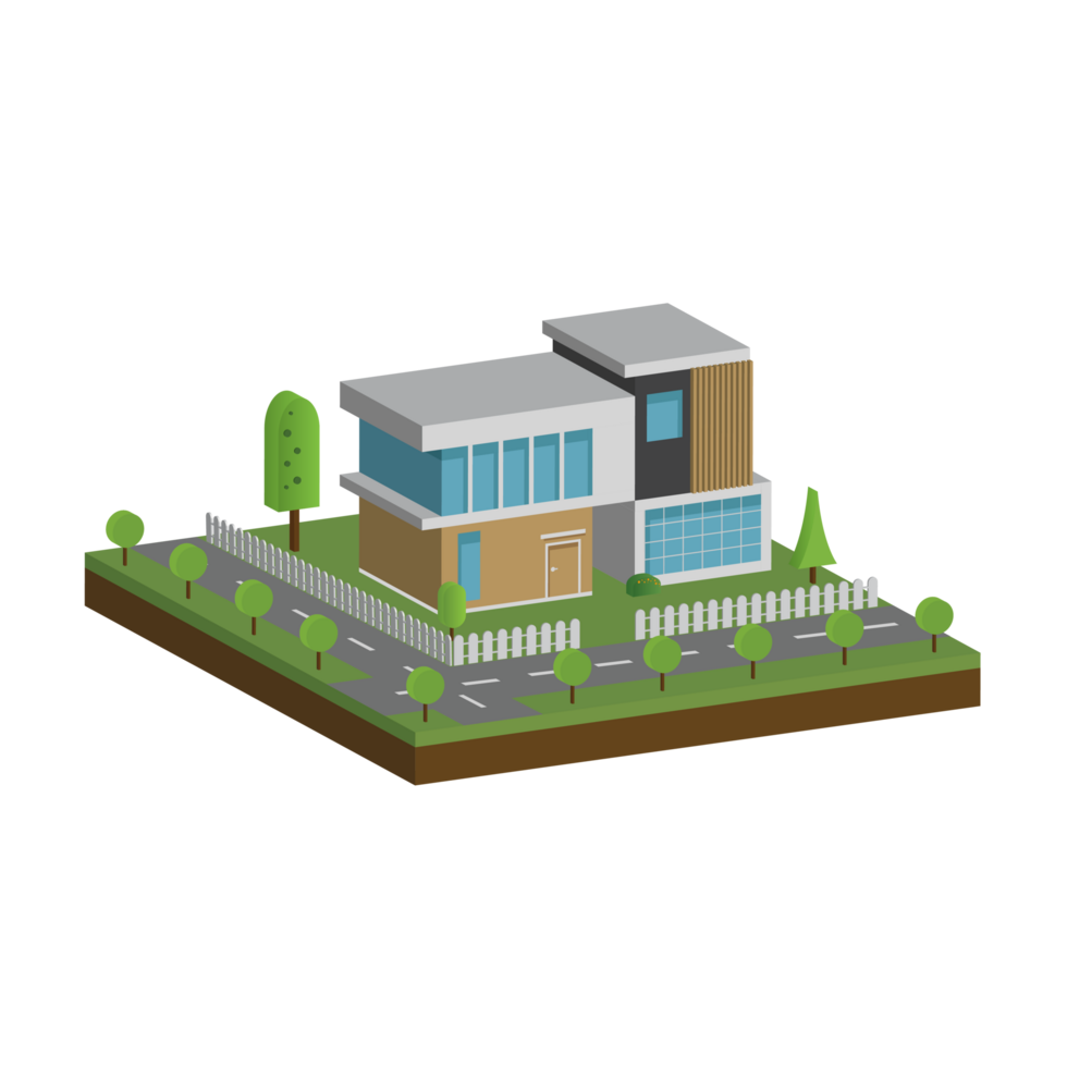 3D modern house and home. Isometric modern building and architecture with road, tree and fence . png