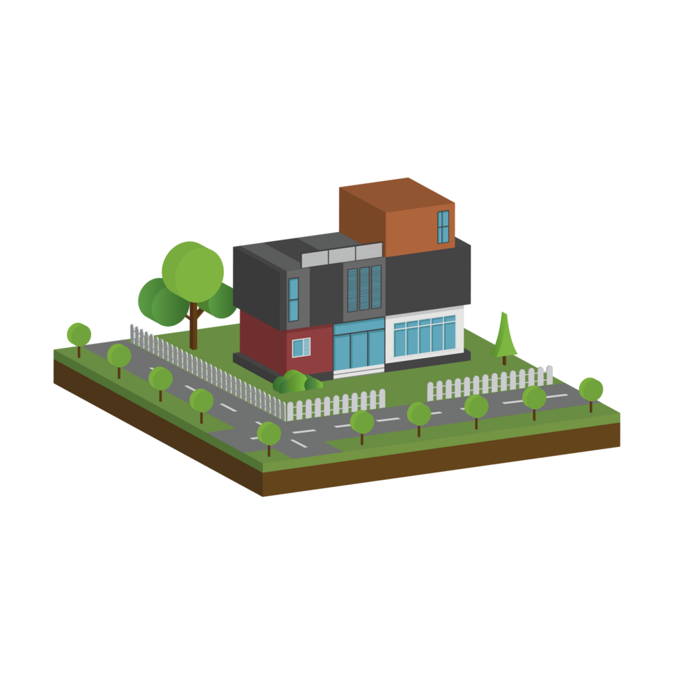 3d modern huis en huis. isometrische modern gebouw en architectuur met weg, boom en hek . png