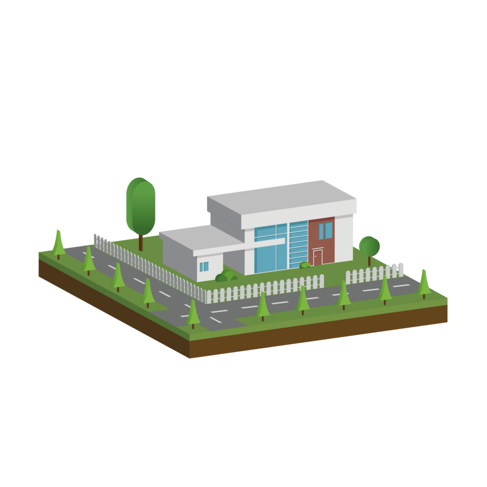 3D modern house and home. Isometric modern building and architecture with road, tree and fence . png