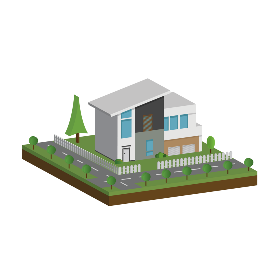 3D modern house and home. Isometric modern building and architecture with road, tree and fence . png