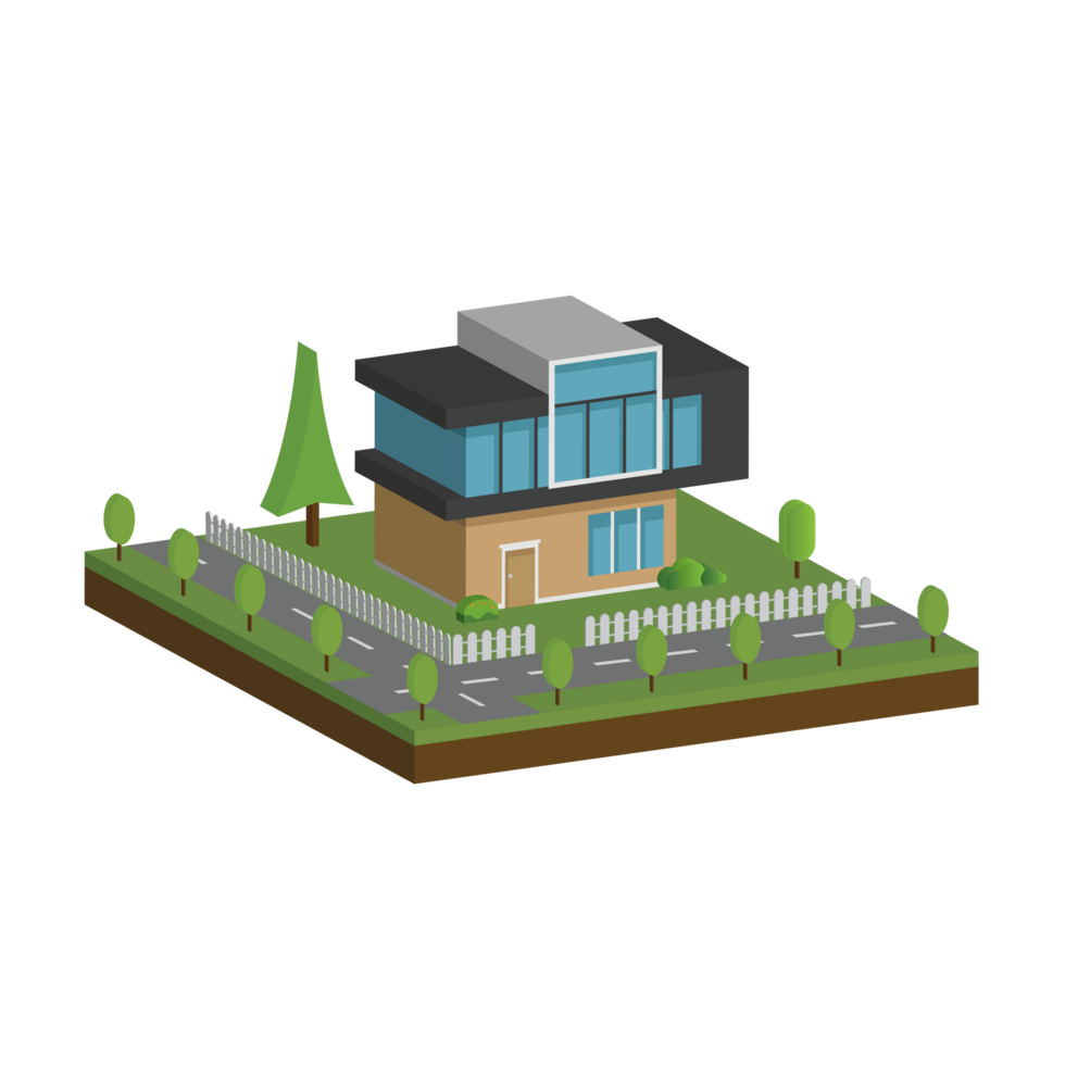 3D modern house and home. Isometric modern building and architecture with road, tree and fence . png