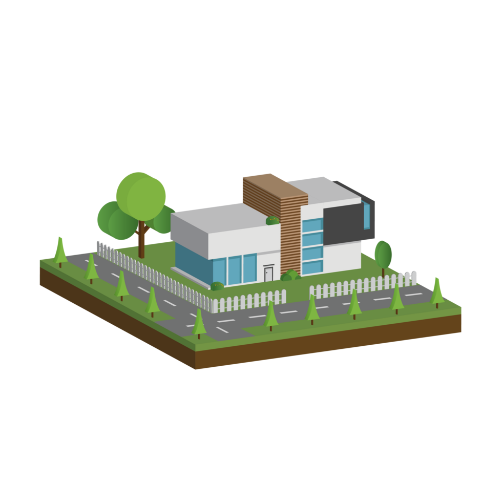 3D modern house and home. Isometric modern building and architecture with road, tree and fence . png