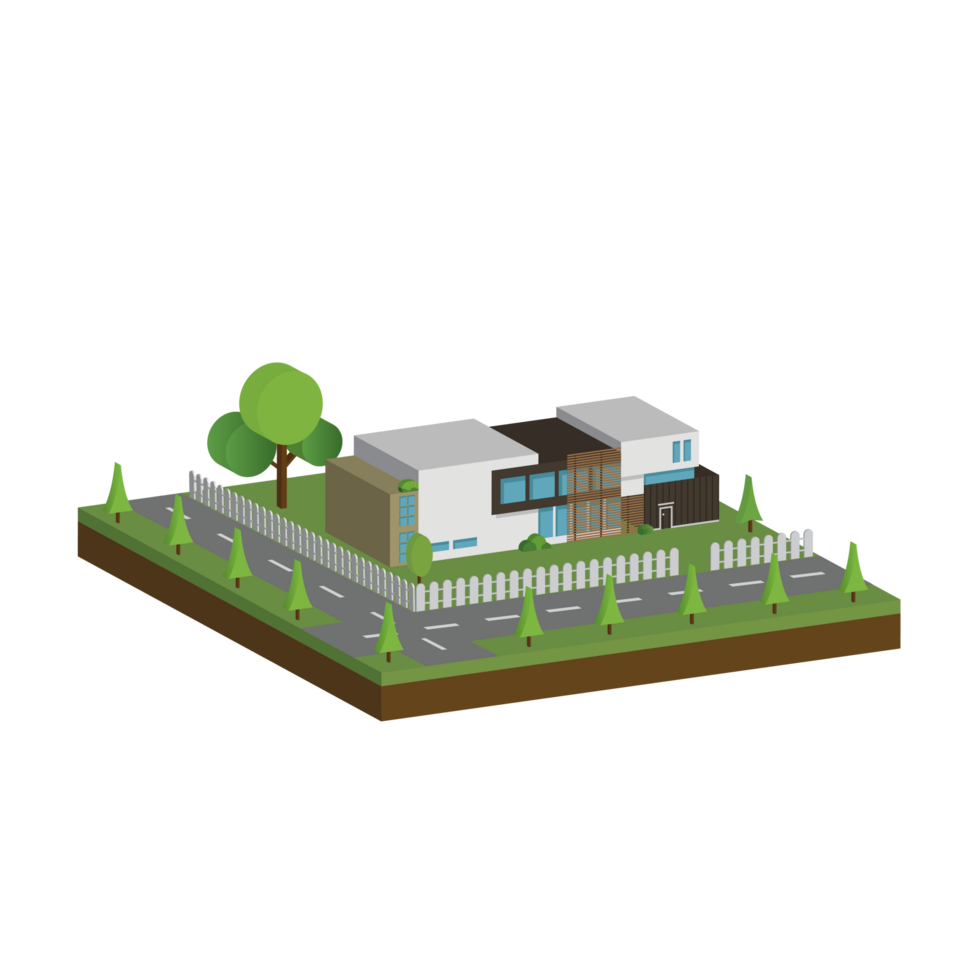 3D modern house and home. Isometric modern building and architecture with road, tree and fence . png