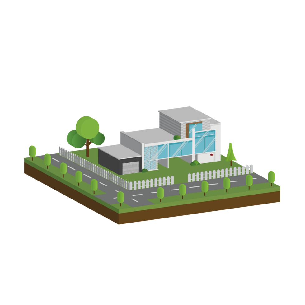 3D modern house and home. Isometric modern building and architecture with road, tree and fence . png