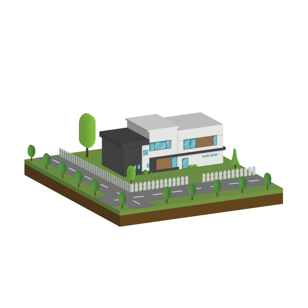 3D modern house and home. Isometric modern building and architecture with road, tree and fence . png