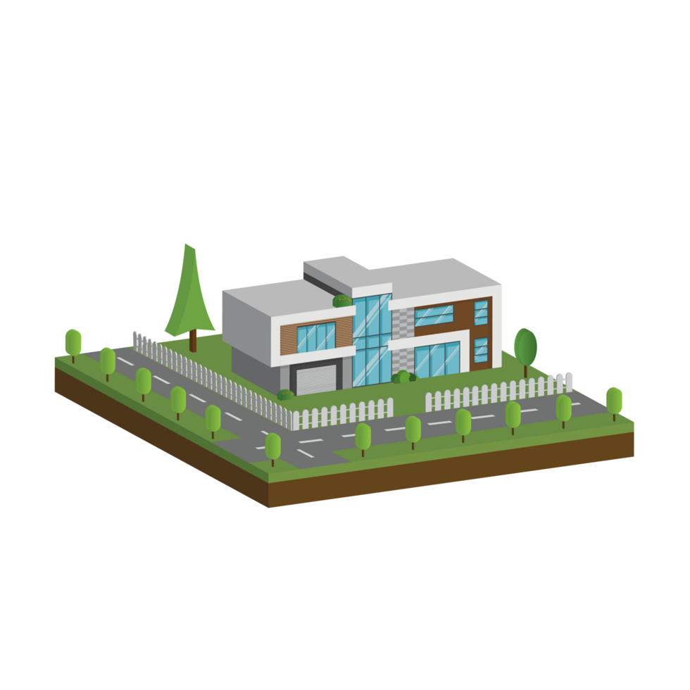 3D modern house and home. Isometric modern building and architecture with road, tree and fence . png