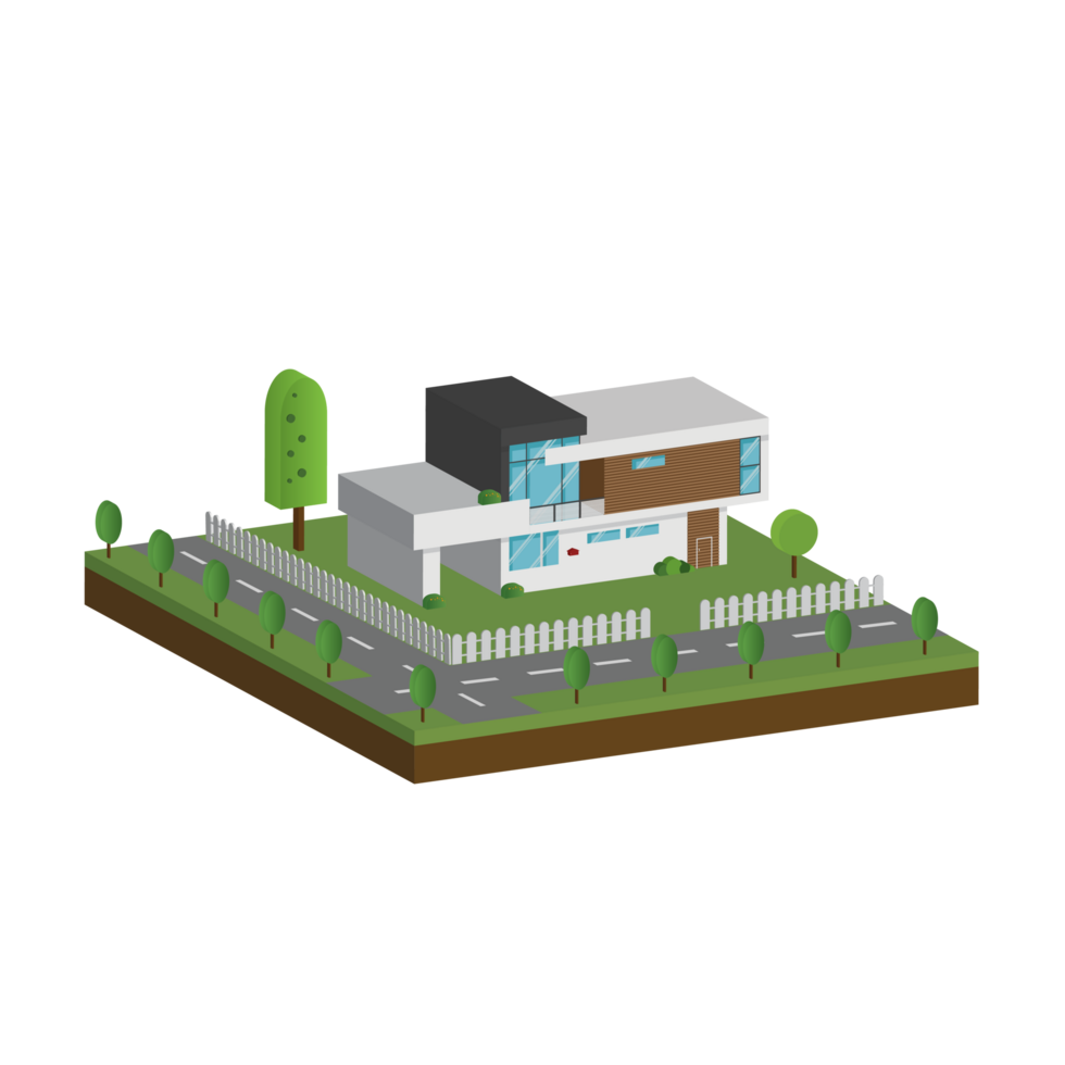 3D modern house and home. Isometric modern building and architecture with road, tree and fence . png