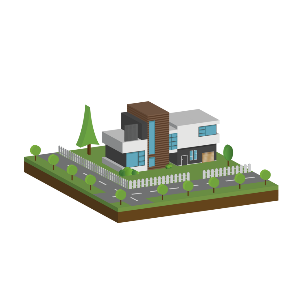 3D modern house and home. Isometric modern building and architecture with road, tree and fence . png