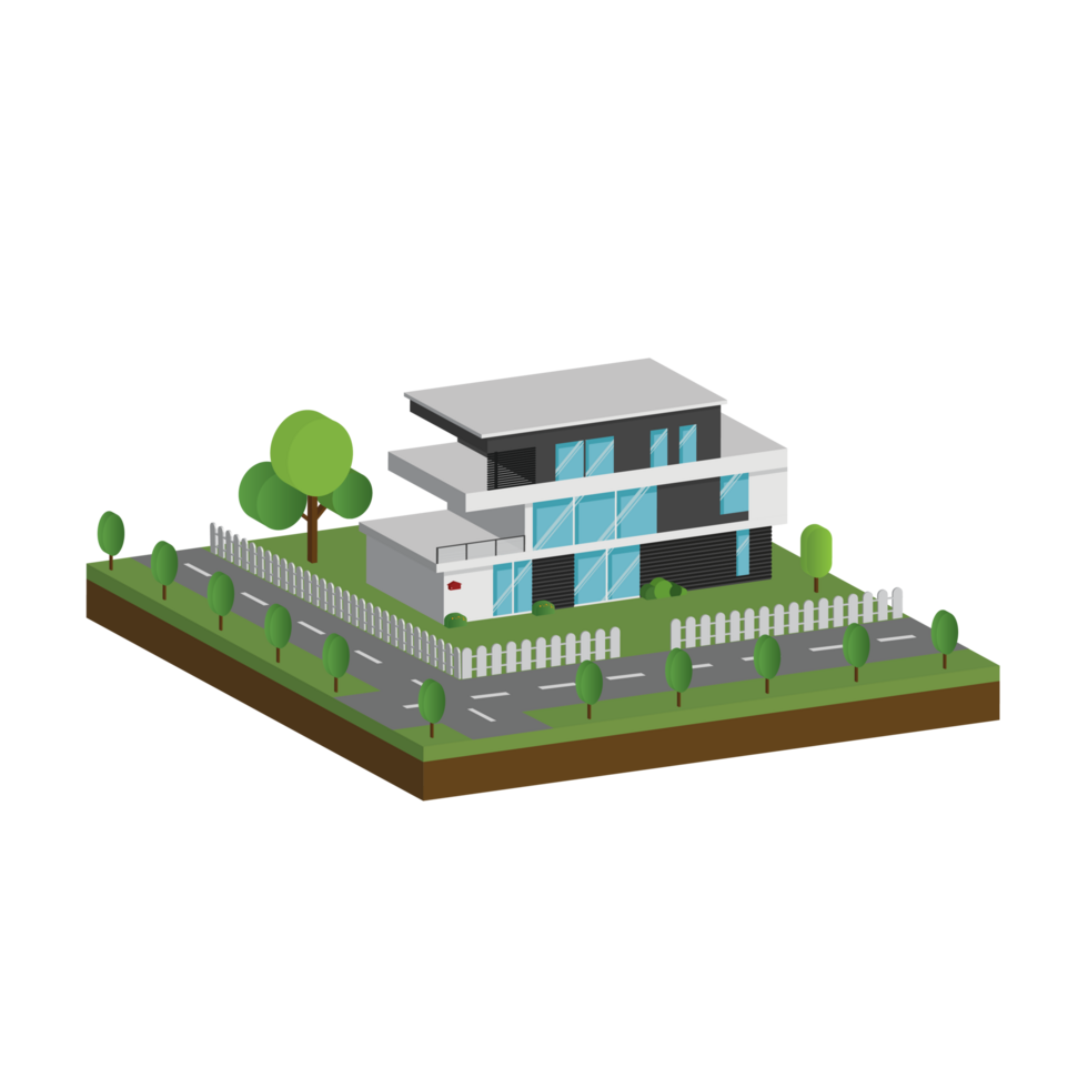 3D modern house and home. Isometric modern building and architecture with road, tree and fence . png