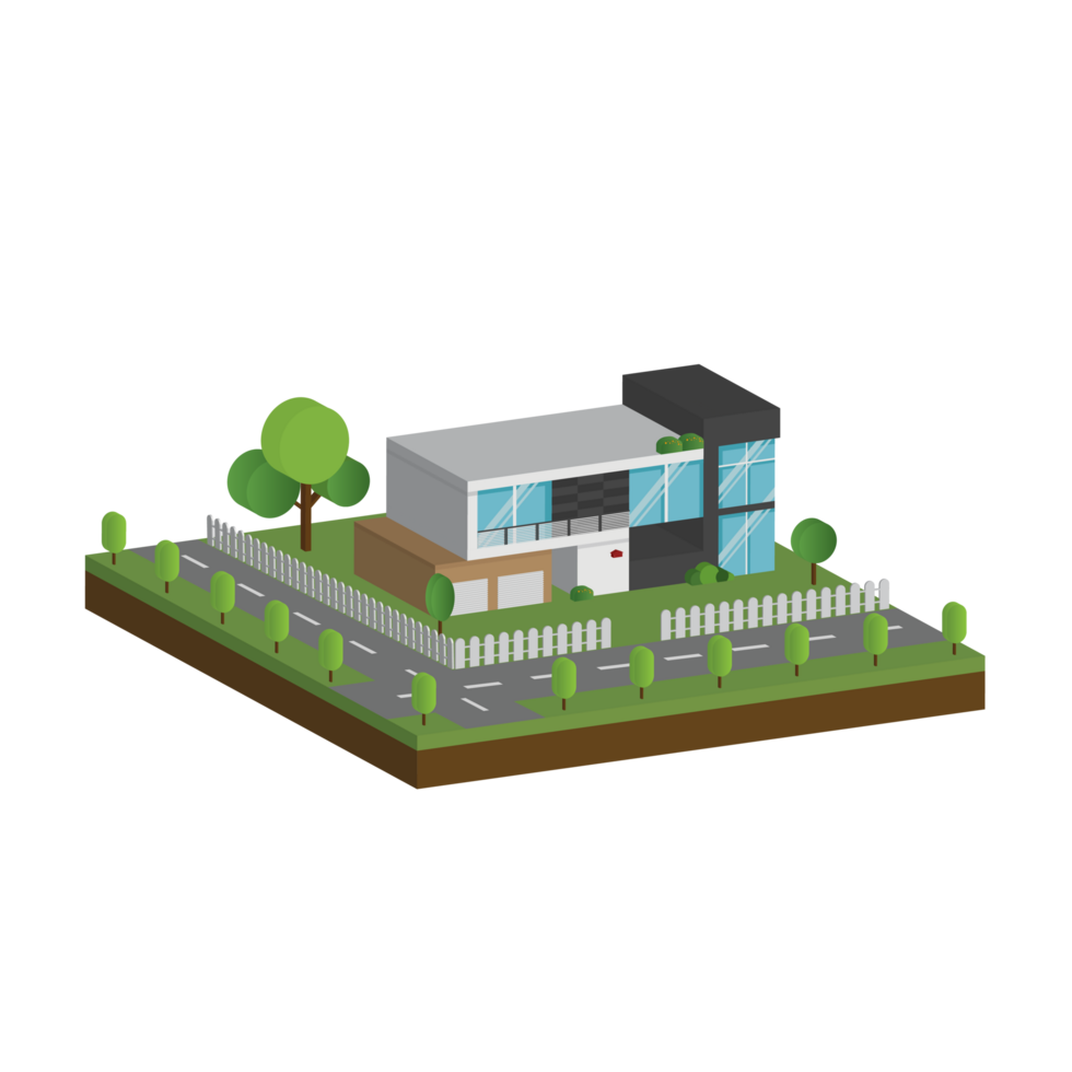 3D modern house and home. Isometric modern building and architecture with road, tree and fence . png