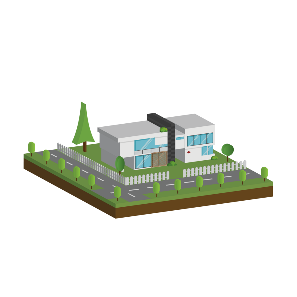 3D modern house and home. Isometric modern building and architecture with road, tree and fence . png