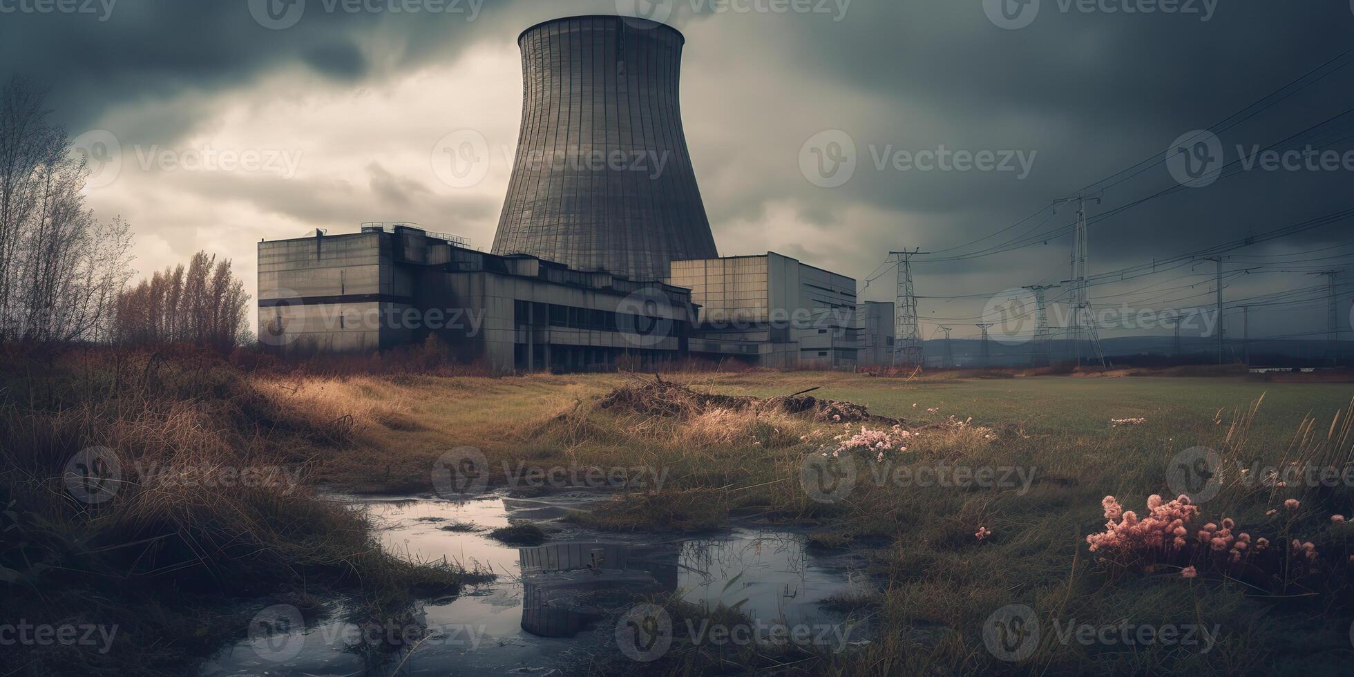 , . Nuclear atomic power plant electric stration. Dark mood ecology danger vibe. Graphic Art photo