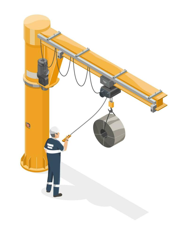 Operating Slewing jib medium crane worker lifting and moving heavy mattirial inside factory warehouse industrial isometric isolated cartoon vector