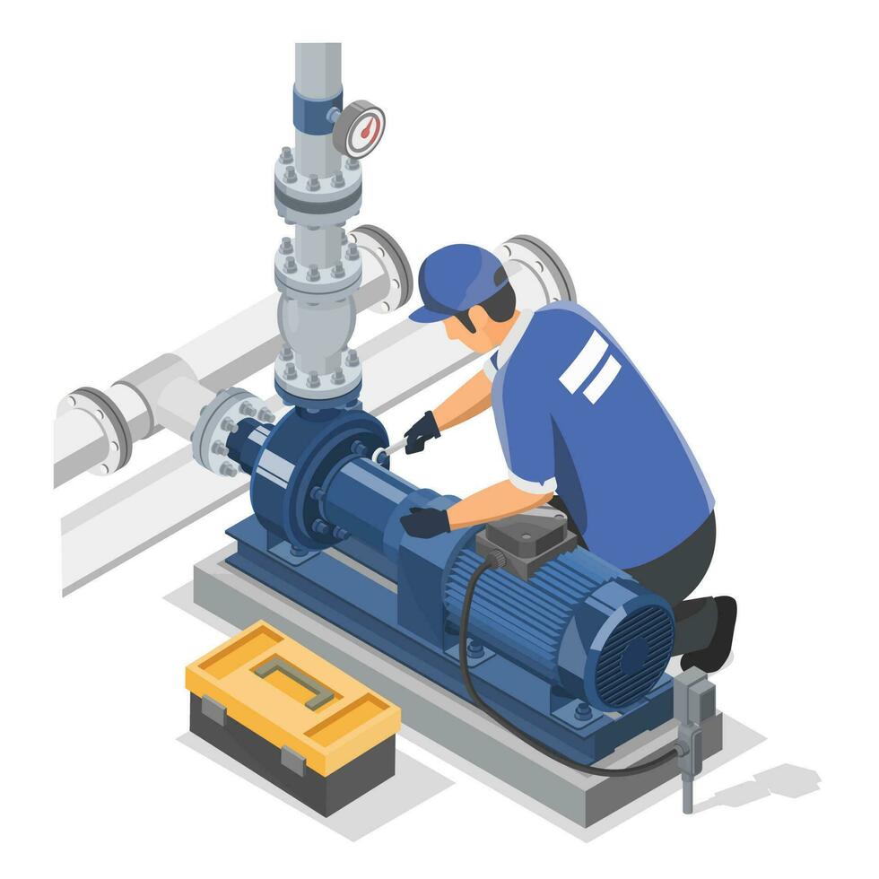 Maintenance technician working with Industrial Water Pumps Building Maintenance Service concept isometric isolated cartoon vector
