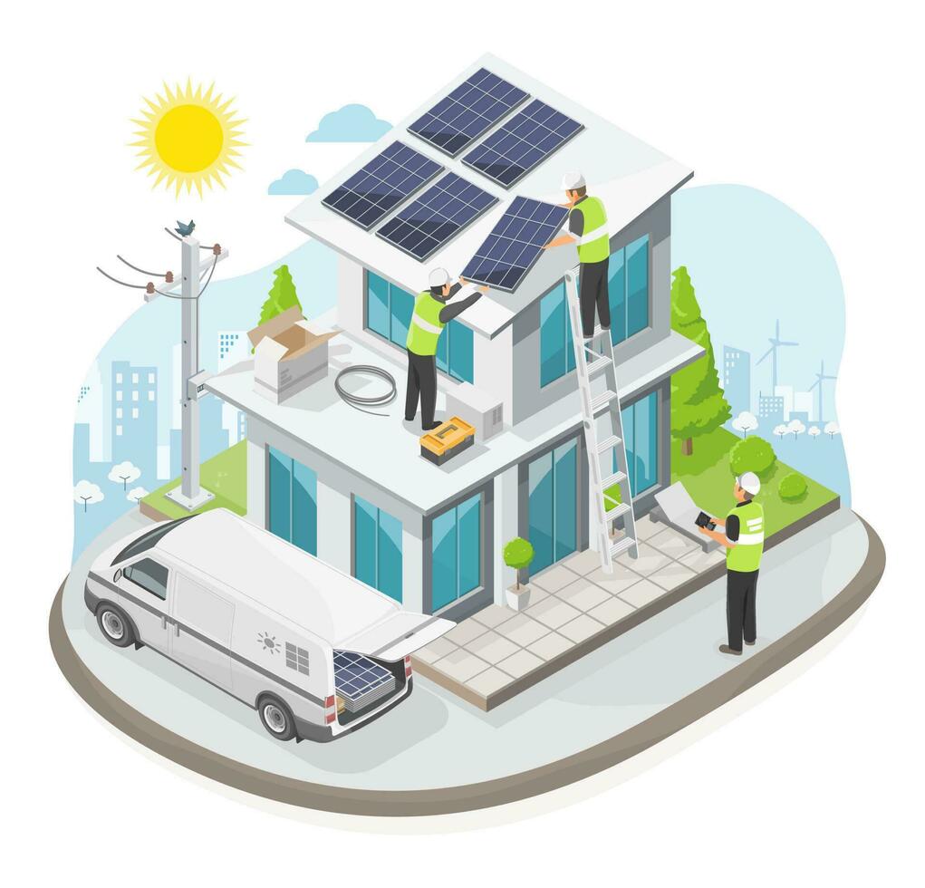 Solar cell House Roof top installer team service installation solar panel on roof of Modern House in green nature ecology lifestyle out door isolated illustration cartoon vector