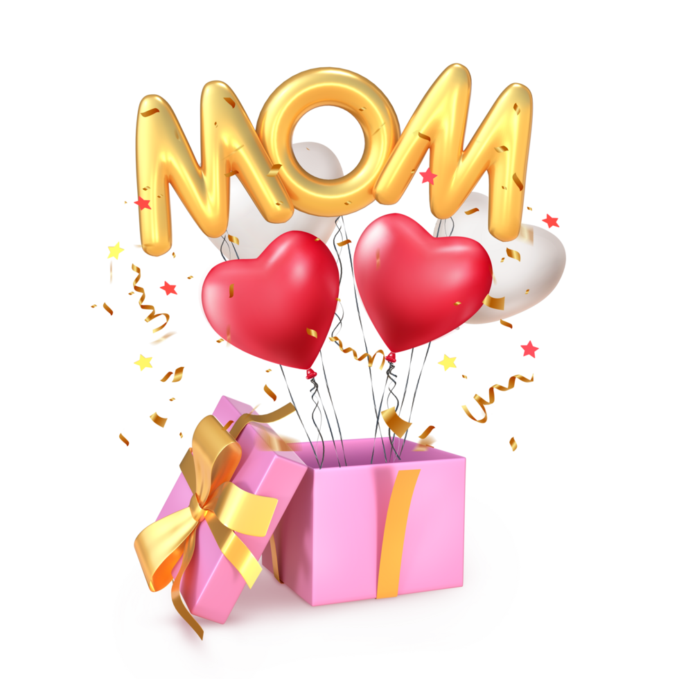 3D Rendering Open Gift With Heart Balloons And Mom Word Isolated On Transparent Background png