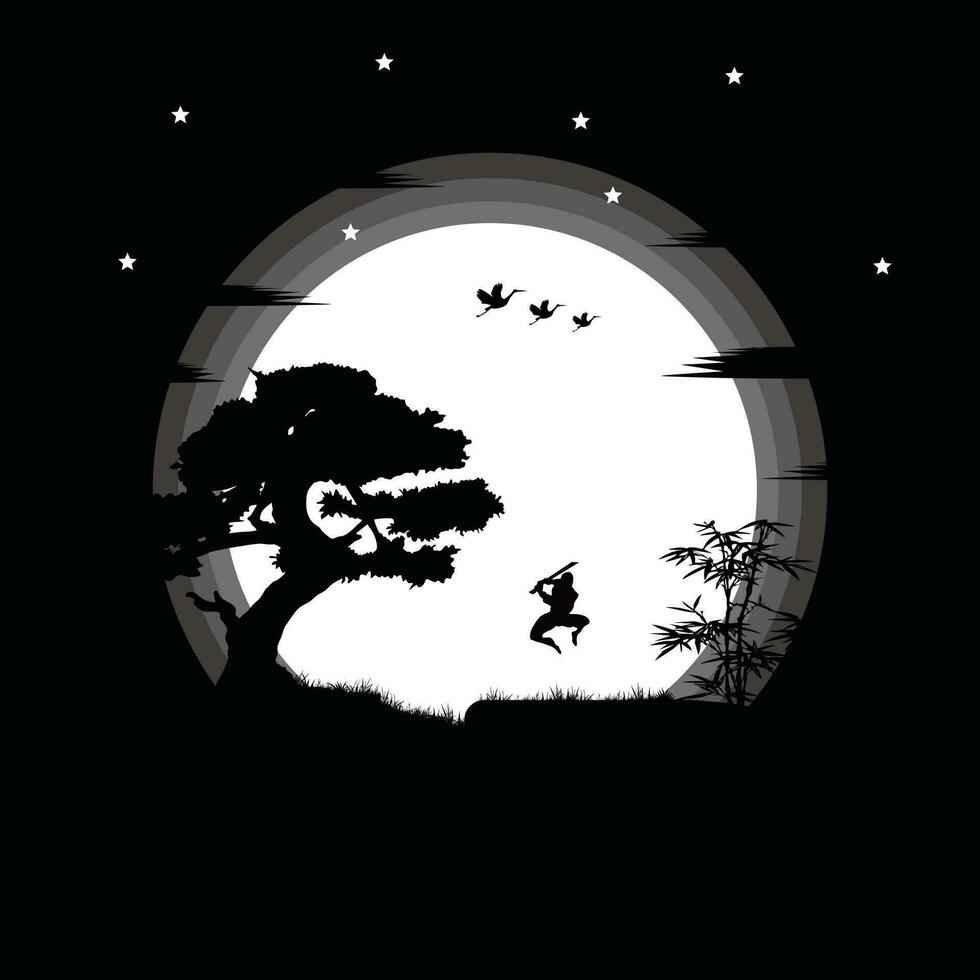 Ninja, Assassin, Samurai training at night on a full moon vector