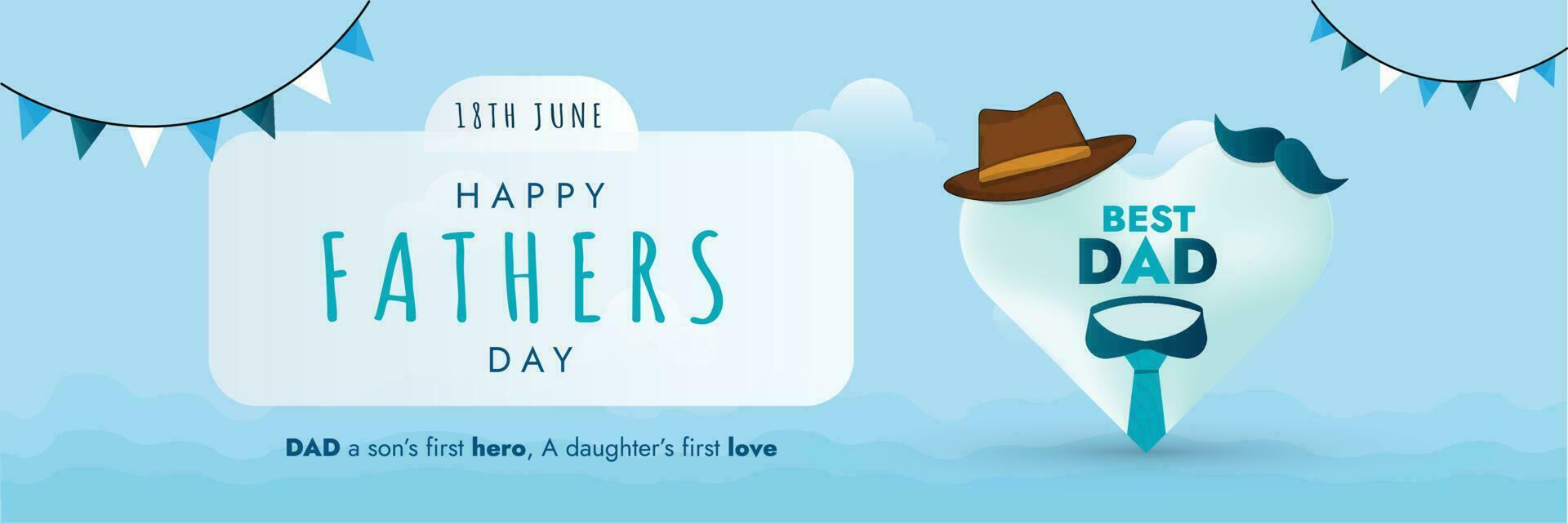 Happy fathers day. Happy fathers day celebration cover or web banner. 18th June dad wish banner. Father day greeting banner for awareness. Happy Dad Day. Fathers day banner or cover with tie, hat. vector