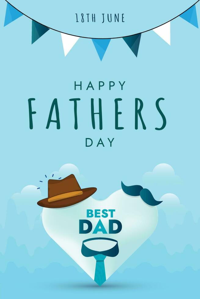 Happy Father's Day Vector. Happy fathers day poster with tie, hat and mustache. Father's Day Card Design. Happy dad day. Parenthood love and care. 18th June celebration. Father Day Wish Celebration. vector