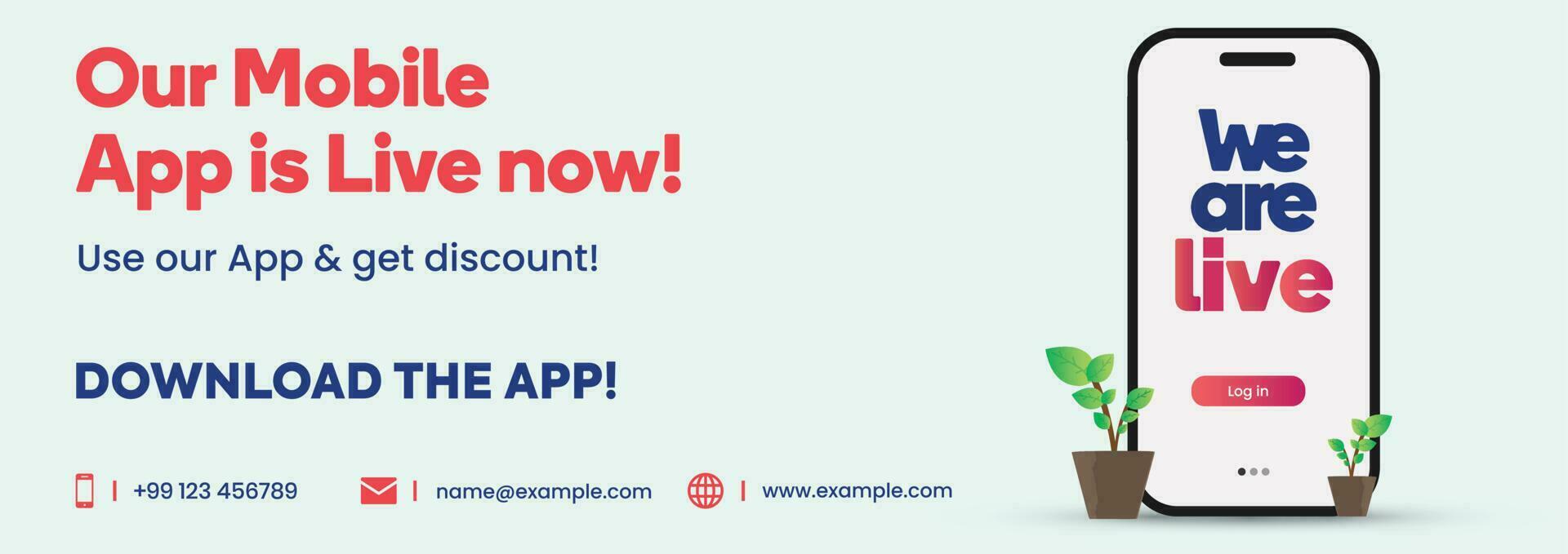 App launch cover. Mobile app is live now cover banner. Mobile application launch banner Join Us, Log in now. App launch. Use our app and get a discount. Download the app now. Launch marketing. vector
