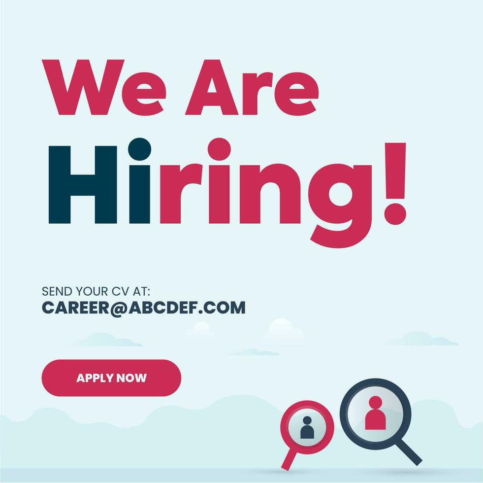 We are hiring. Recruitment post. Hiring post for social media and popup for website banner highlighting a person with apply now button. Hire engineer, designer, artist, manager and assistant. Employee vector