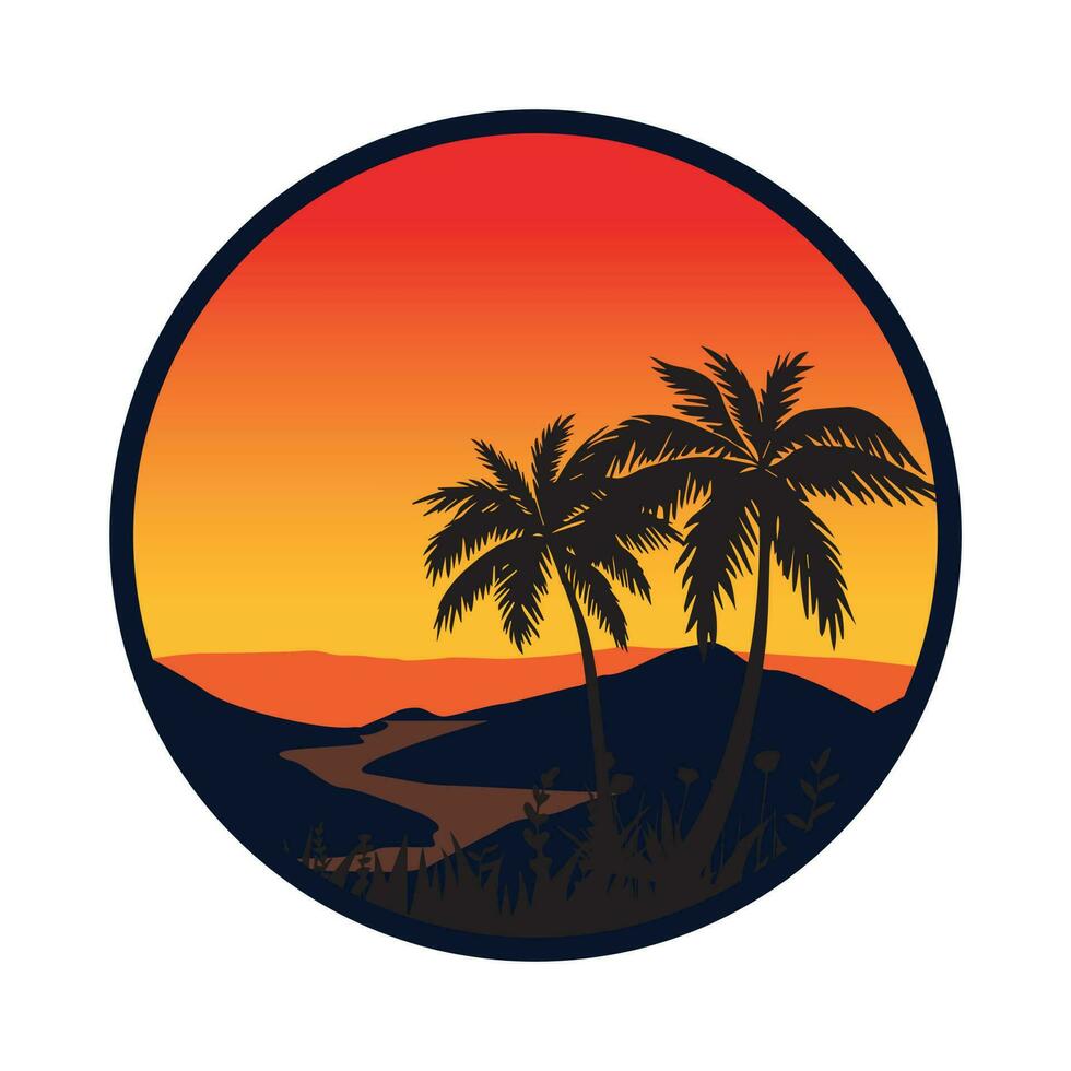 Beautiful landscape with ocean and palm trees vector illustration logo