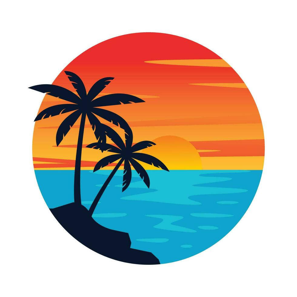 Evening on the beach with palm trees. An evening on the beach with palm trees. Colorful picture for rest. Orange sunset in the blue sky. Vector flat illustration