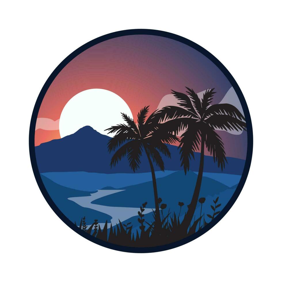Dark palm trees silhouettes on colorful tropical ocean sunset background, Summer sunset background at the beach. Summer time. Vector illustration