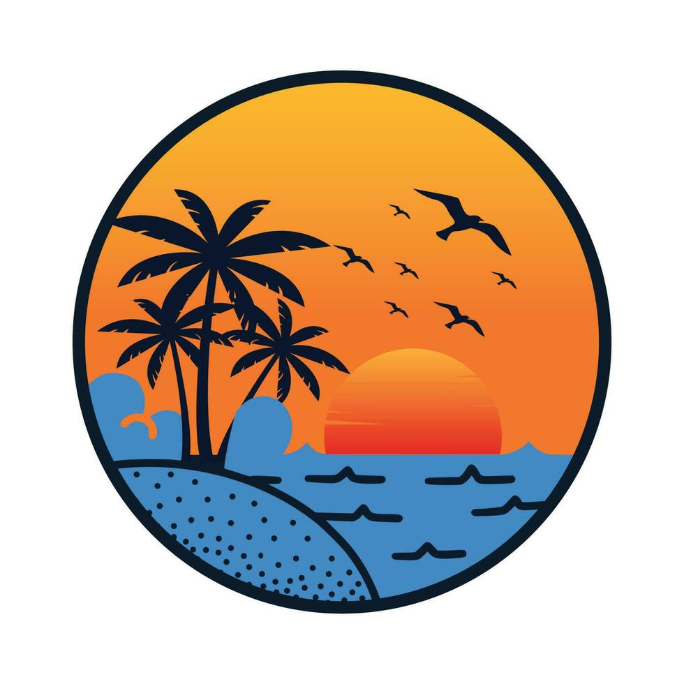 verano vacaciones en tropical playa puesta de sol etiqueta, con palma arboles , vector ilustración