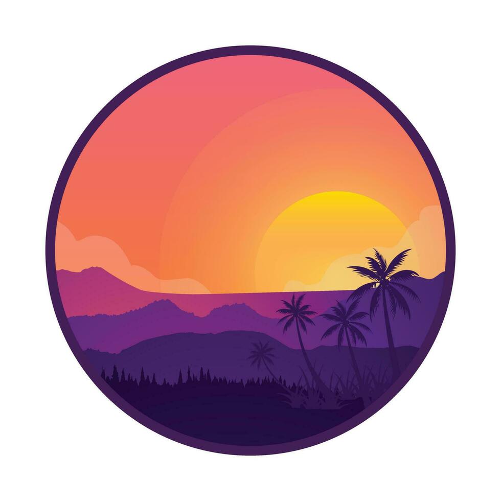 Vector purple sunset on background of palm silhouettes. California beach, summer vacation backdrop for design. Tropical sunset scene for travelling design.