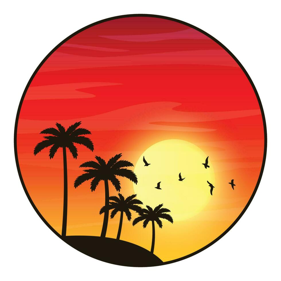 Summer vacation on tropical beach Sunset label, with Palm trees, vector illustration