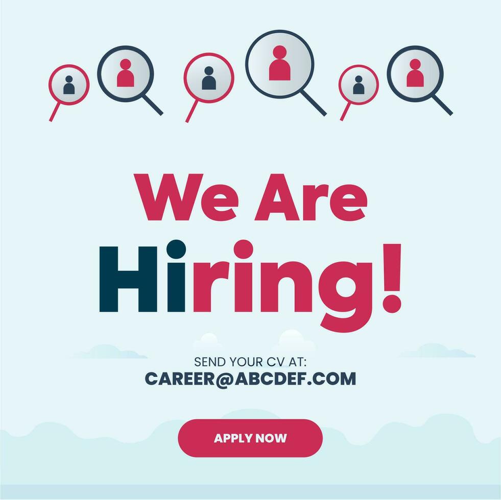 We are hiring. Recruitment post. Hiring post for social media and popup for website banner highlighting a person with apply now button. Hire engineer, designer, artist, manager and assistant. Employee vector