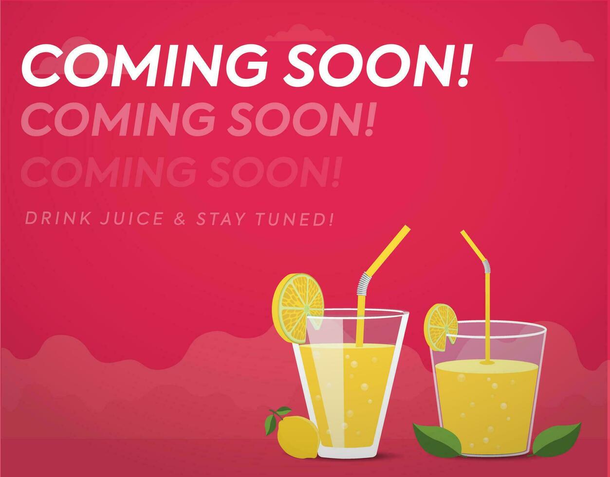 We are coming soon. Bistro or Bar opening soon. We are coming soon announcement banner and complete post template with two glasses of fresh lemonade, on a dark pink background. vector