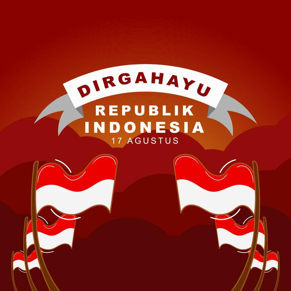 Indonesia independence day greeting card design on 17th august, illustration design with indonesian flag and ribbon vector