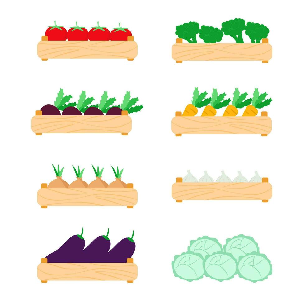 Organic food vegetables in wooden boxes set vector