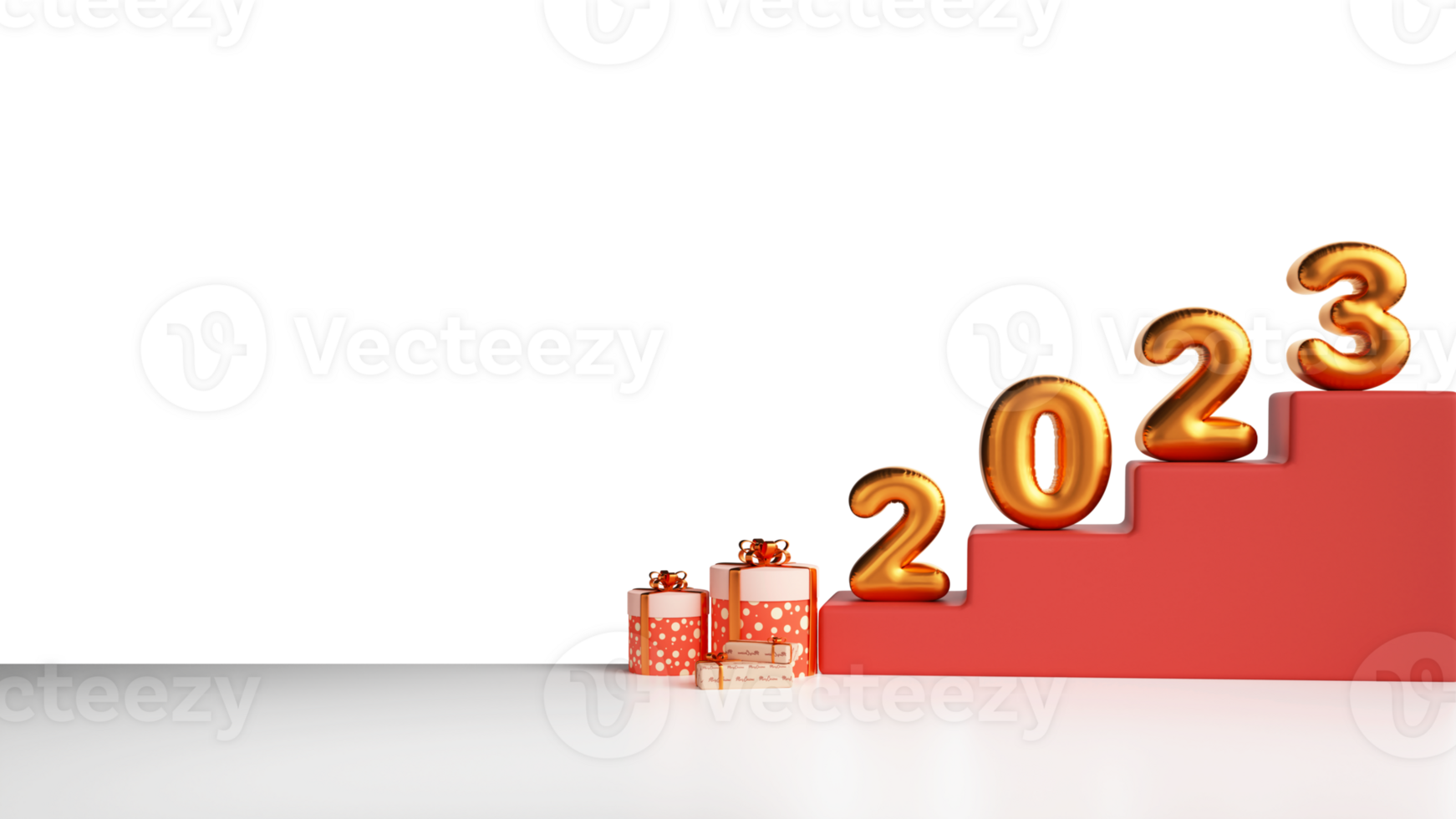3D Golden Balloon 2023 Number Over Staircase With Gift Boxes. png