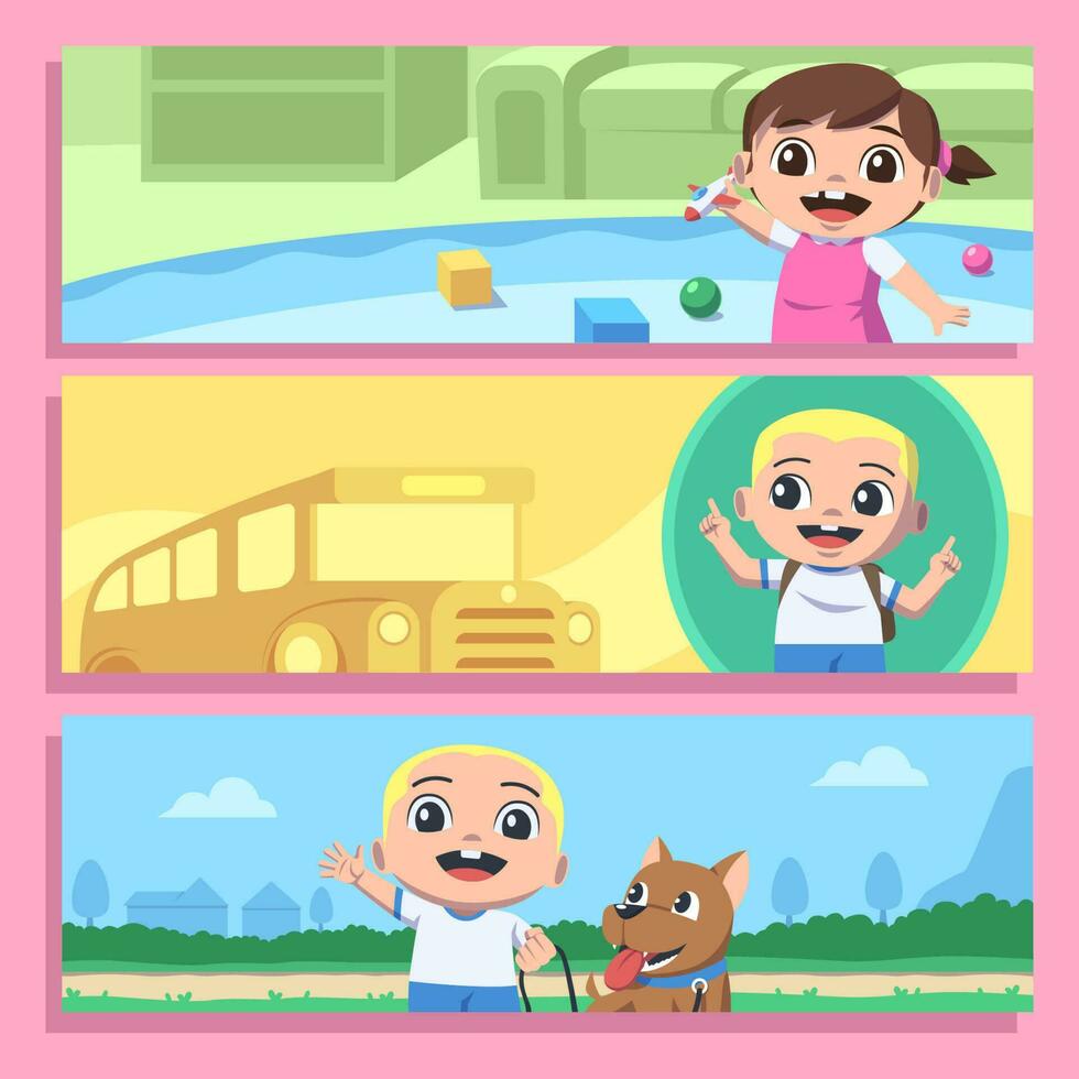 Little Boy and Girl with Toys and Pet Banner Set vector