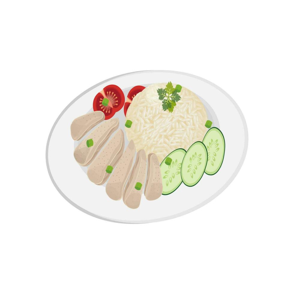 delicioso hainés pollo arroz ilustración en un blanco plato vector