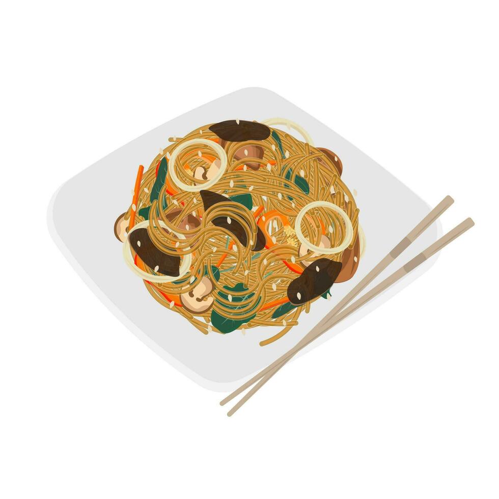 japchae vector ilustración logo en un blanco plato con palillos