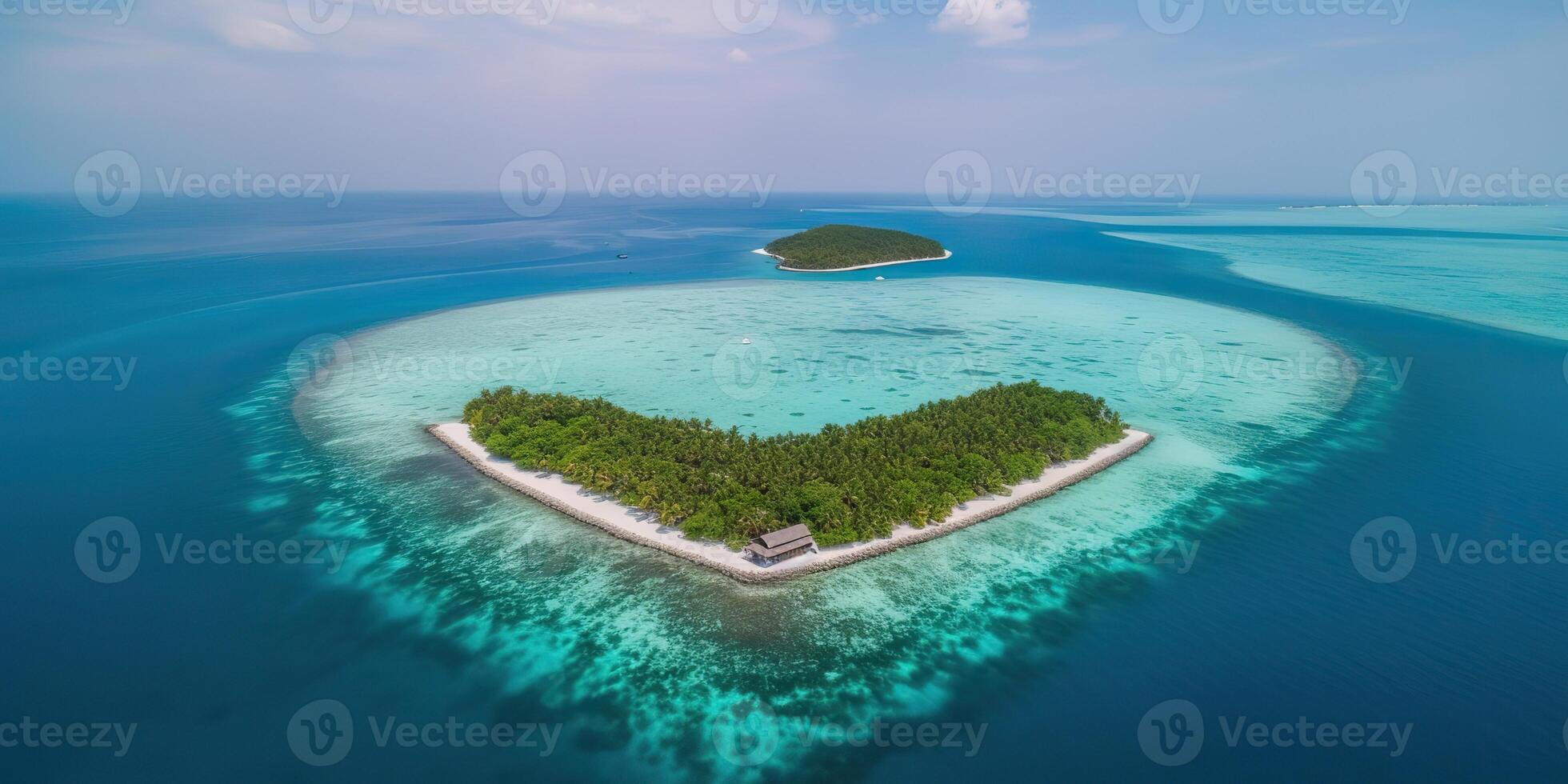 . . Aerial drone photo realistic illustration of island maldives in heart shape. Paradise adventure vacation tropical vibe. Graphic Art