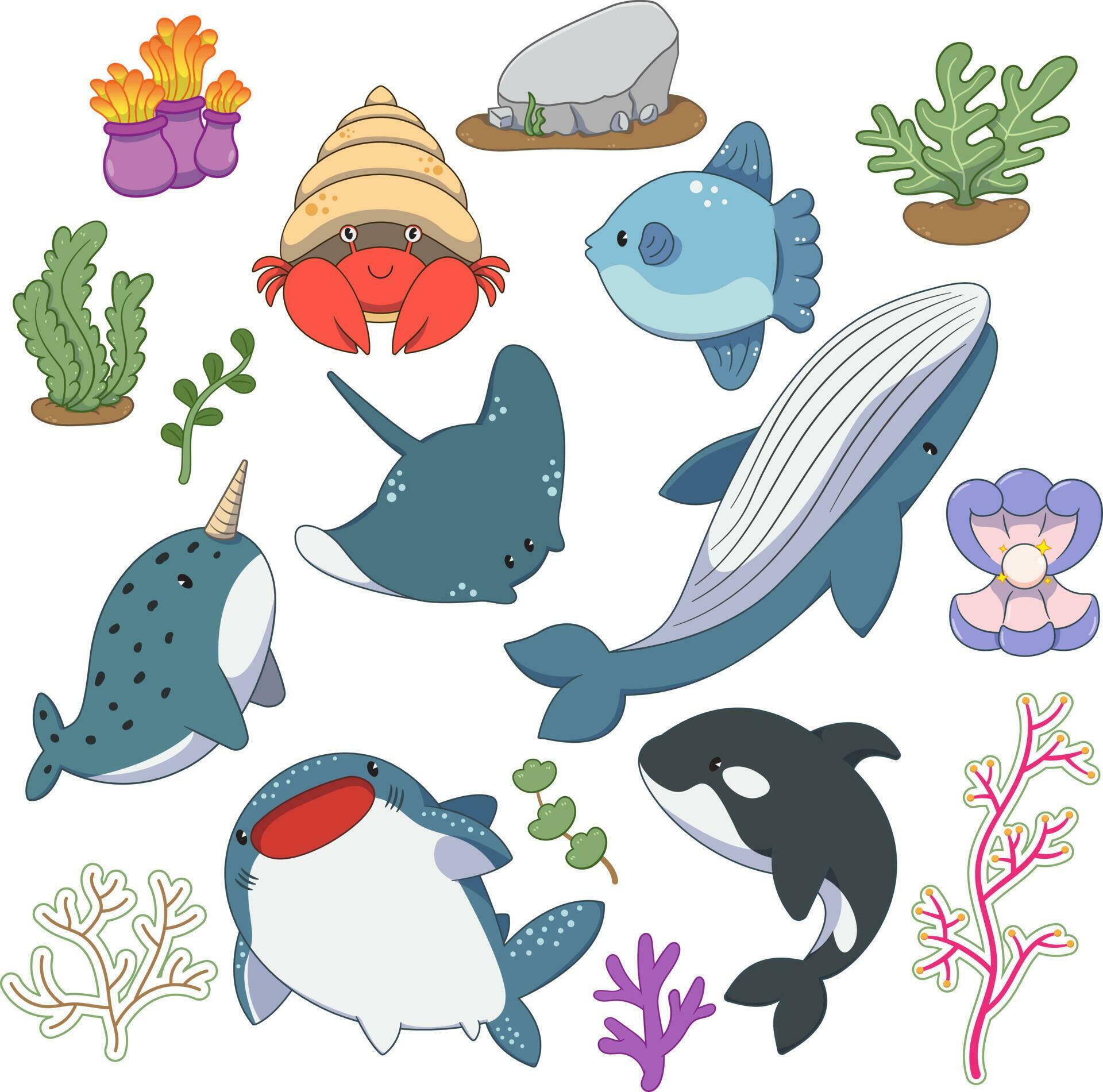Set Of Cute Sea Life Elements Funny Sea Animals Sea Creatures Vector set-of-cute-sea-life-elements-funny-sea-animals-sea-creatures-vector