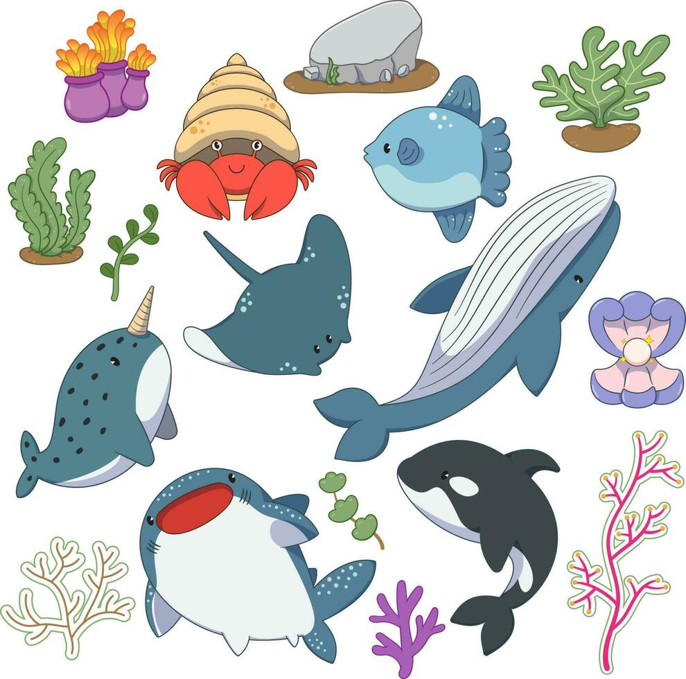 Set of cute sea life elements, funny sea animals, sea creatures vector illustration.