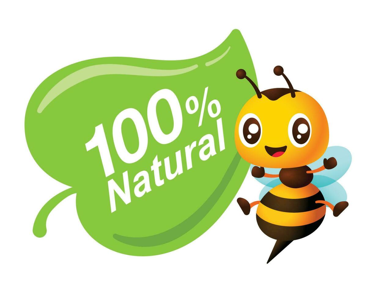 Cartoon honey bee beside leaf icon with 100 percent natural wording for healthy product vector illustration
