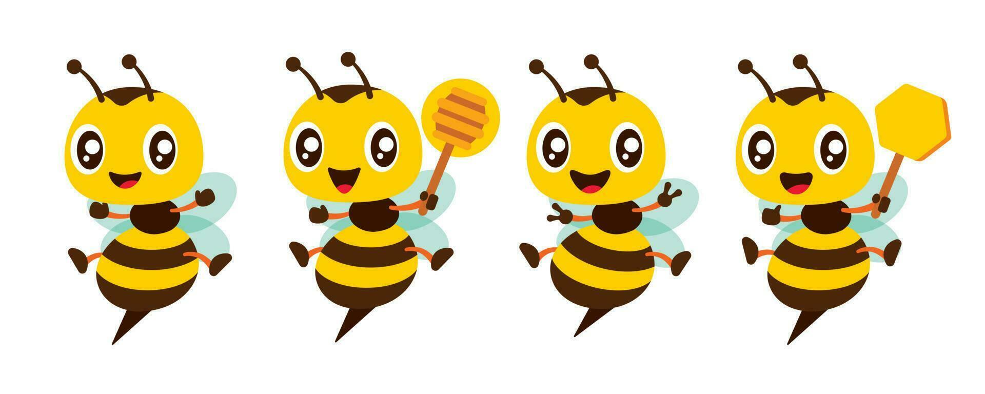 dibujos animados linda abeja con diferente poses mascota conjunto participación panal, miel cazo y victoria firmar gesto ilustración colección plano diseño vector