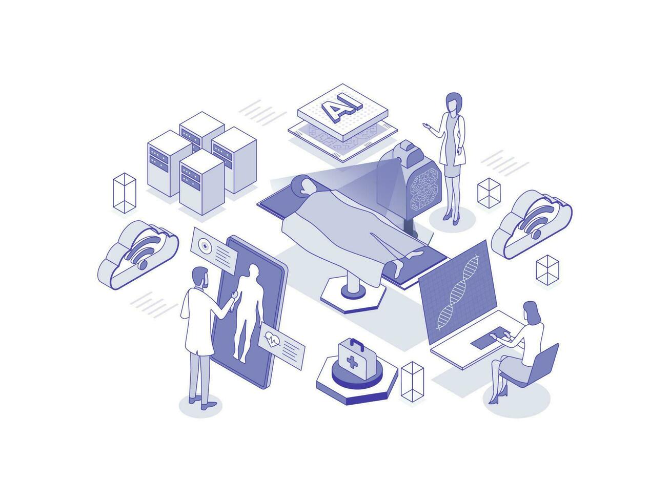 The innovative concept of healthcare involves an AI robot utilizing medical applications to examine a patient, artificial intelligence in healthcare lineal isometric illustration vector