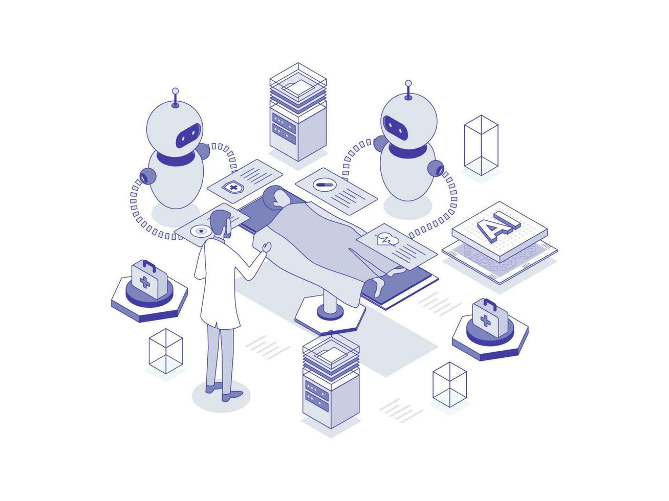 Nursing assistants by robotics technology, contributing to efficiency and effectiveness of healthcare services. Artificial intelligence in healthcare lineal isometric illustration. vector