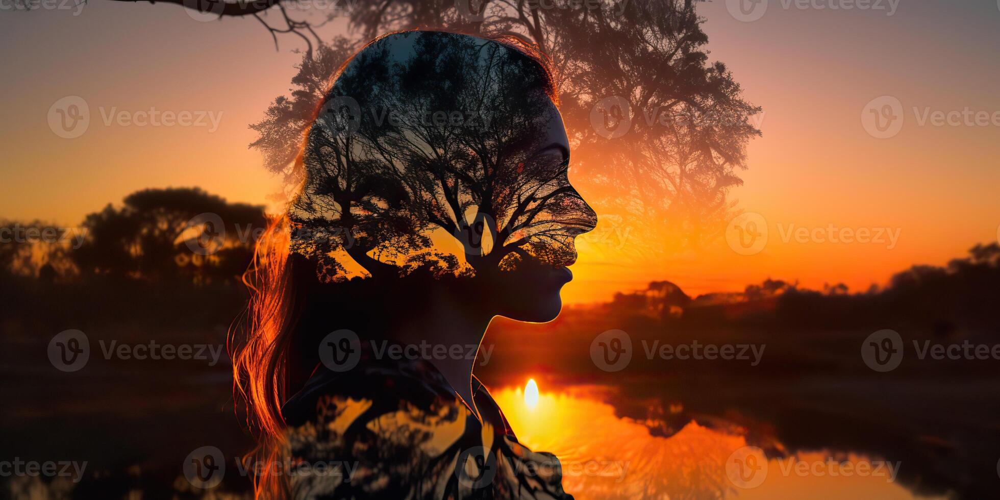 . . Double exposure photo realistic illustration. Romantic free soul lifestyle adventure vibe. Graphic Art