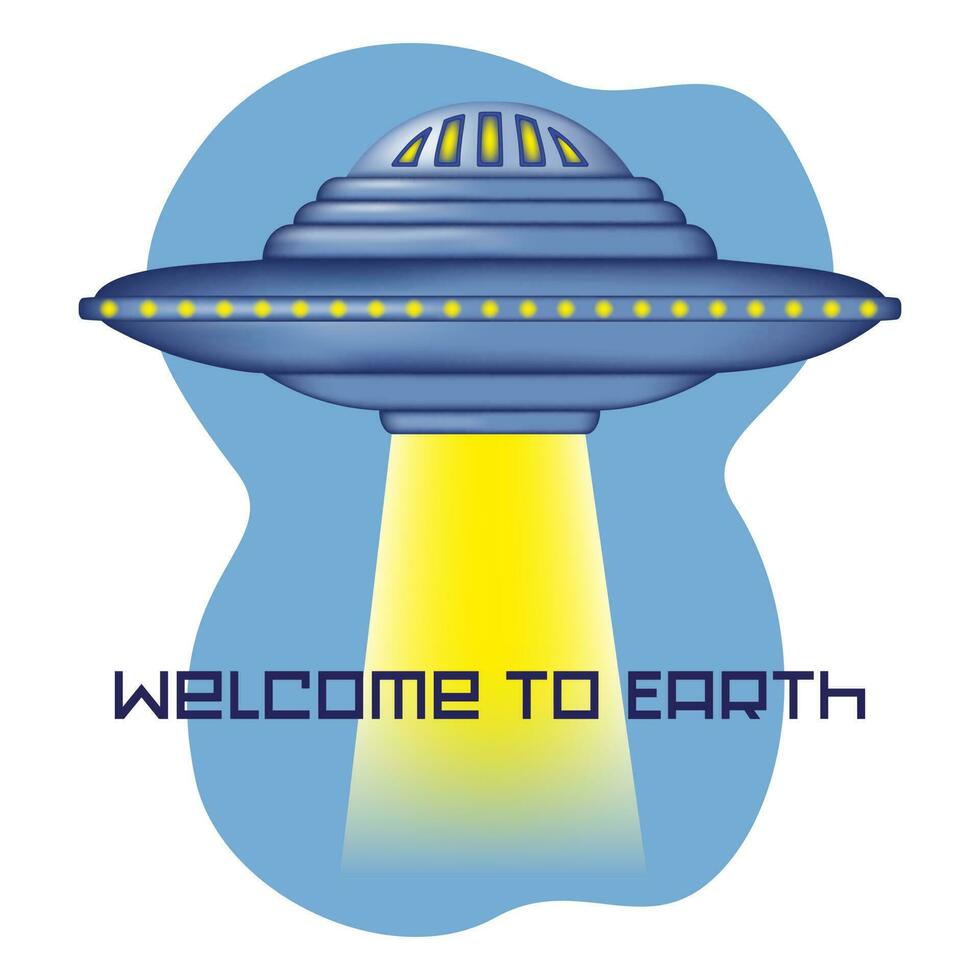 Celebrate World UFO Day and extend an extraterrestrial invitation with this vector illustration poster showcasing a UFO lifting off and shining a bright light, with the message Welcome to Earth.