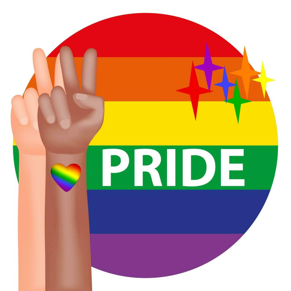 Pride month. A poster with a rainbow flag of the LGBT community and the hand of people with light and dark skin and the Victoria gesture. Vector illustration.